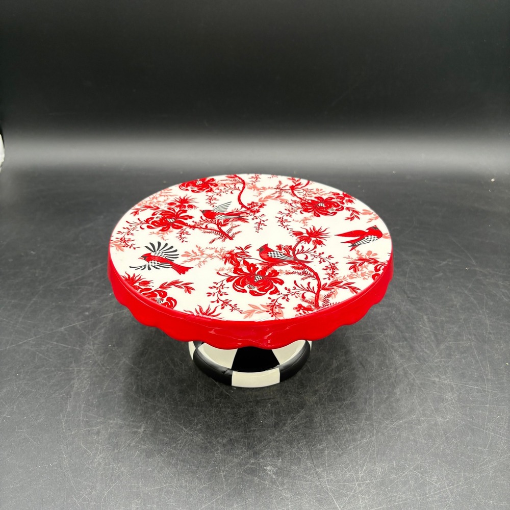 MacKenzie-Childs Cardinal Floral Cake Stand Courtly Check Base Red White Black
